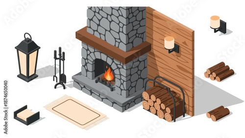 Cozy isometric fireplace scene with rustic decor elements on white background