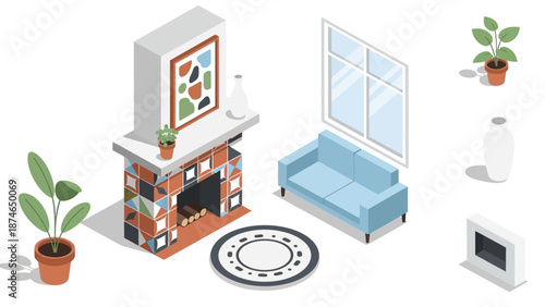 Cozy isometric living room with fireplace, plants, and modern decor elements