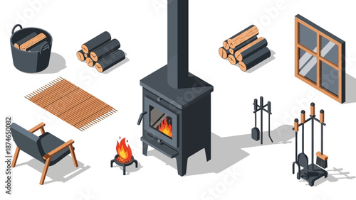 Cozy isometric wood burning stove with firewood and accessories for home interiors