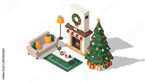Cozy christmas living room with decorated tree and fireplace in isometric style