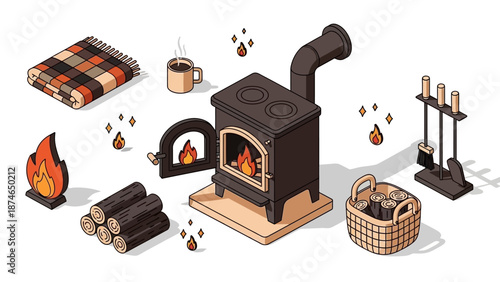 Cozy isometric fireplace scene with logs, blanket, and warm drink