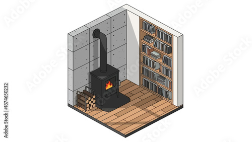 Cozy room corner with wood stove and bookshelves in isometric design