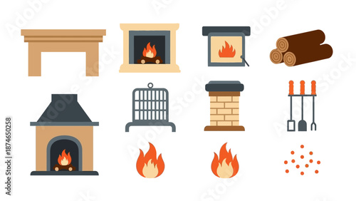 Cozy fireplace elements: flat icons set featuring fireplaces, logs, and tools for winter warmth