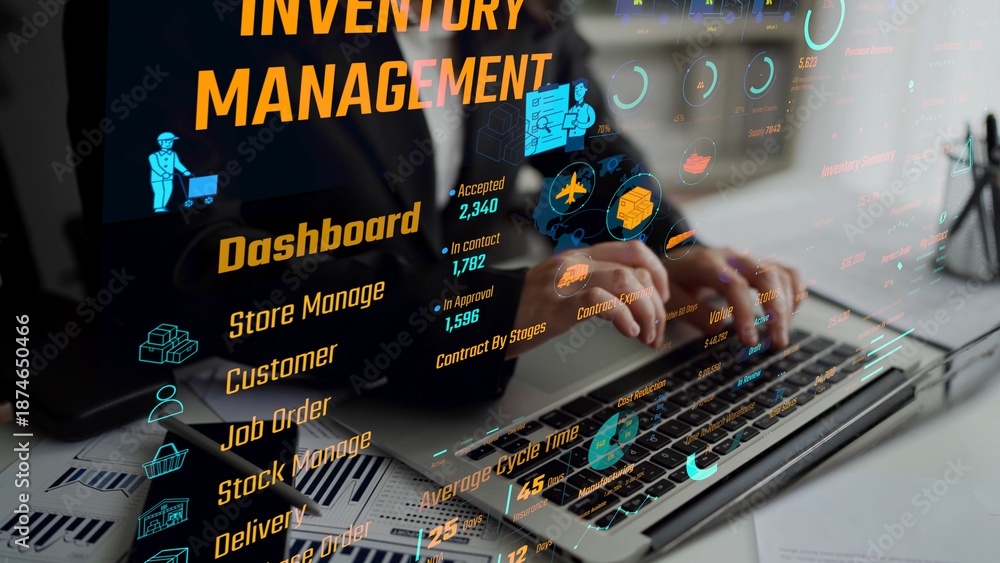 Fototapeta premium Inventory management dashboard showing supply chain performance, stock levels, order cycle times, cost reduction, and procurement ROI. Inventory tracking, and streamline warehouse efficiency. Thunk