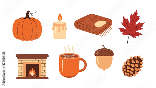 Cozy autumn elements: pumpkin, candle, blanket, and more for seasonal decor