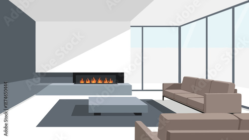 Modern minimalist living room with fireplace and large windows in flat style