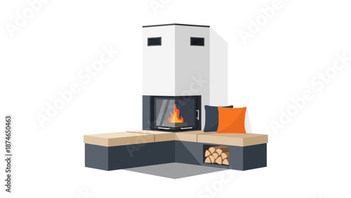 Cozy fireplace in modern living room with contemporary design elements