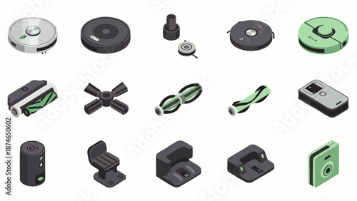 Robot Vacuum Cleaner Parts and Accessories Collection - Isometric 3D Renderings