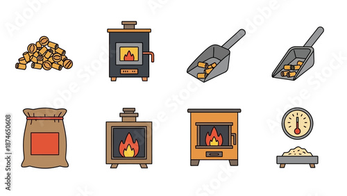 Flat style fireplace elements and tools set for home heating