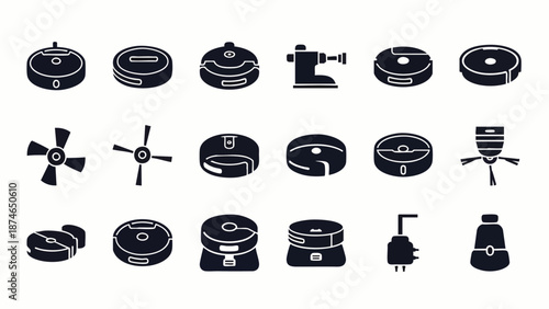 Collection of black icons and symbols representing robotic vacuum cleaners and their parts on white background