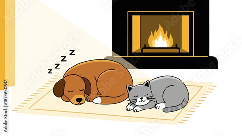 Cozy living room scene with sleeping dog and cat by the fireplace