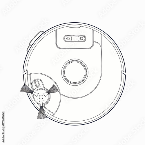 Top view line drawing of a robotic vacuum cleaner with brushes, sensors, and charging contacts