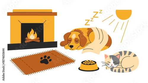 Cozy home scene with sleeping dog and cat by fireplace under sun