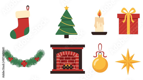 Festive holiday icons: christmas decorations with fireplace, tree, candle, and gifts