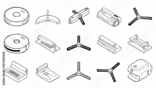 Collection of isometric line art icons for robot vacuum cleaner parts and accessories
