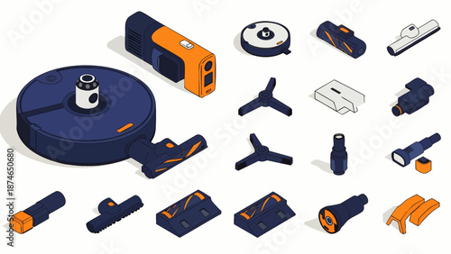 Isometric illustration of various technology components and accessories, including robotic parts and electronic devices.