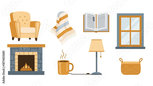 Cozy living room elements with fireplace, armchair, and lamp in flat design style