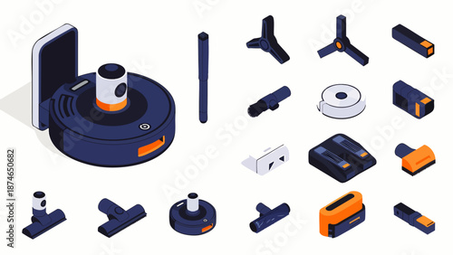 Robot vacuum cleaner and its spare parts, isometric view, isolated on white background