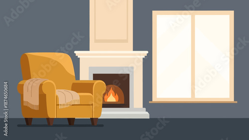Cozy living room with fireplace and armchair in modern flat style
