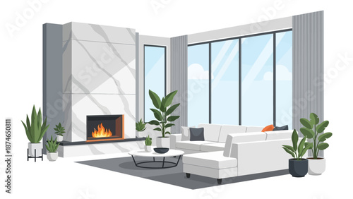 Modern minimalist living room with fireplace and large windows