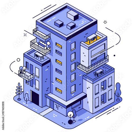 Isometric urban building in blue with balconies and windows. No editable stroke