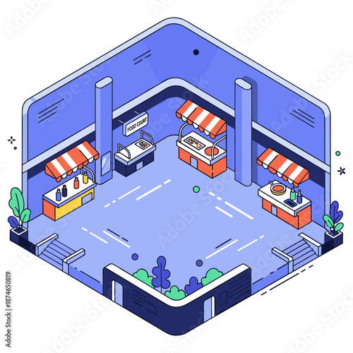 Isometric indoor food court with stalls and bright decor. No editable stroke