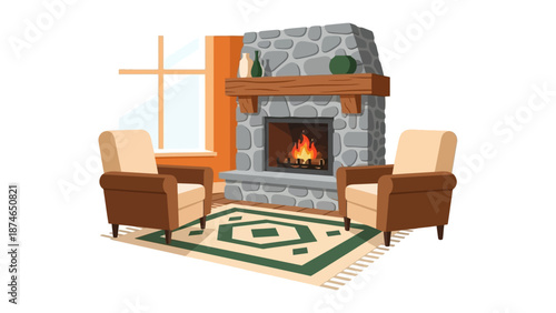 Cozy living room with stone fireplace and armchairs in flat art style