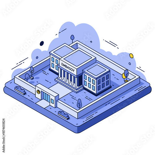 Isometric cartoon illustration of a government embassy building. No editable stroke