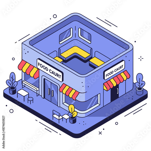 Isometric food court building with seating and plants. No editable stroke