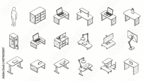 Isometric office furniture and equipment icons: desks, computers, lamps, cabinets, and a person