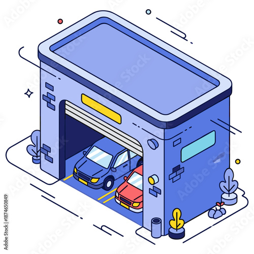 Isometric car garage with vehicles and decorative plants. No editable stroke