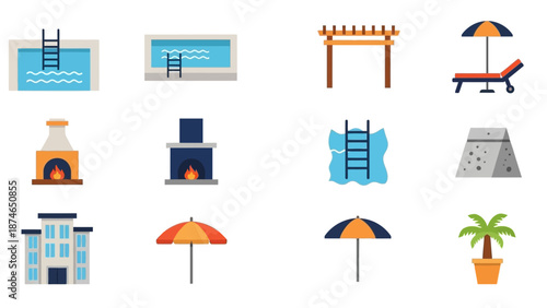 Flat style poolside icons set featuring sun lounger, umbrellas, and patio elements