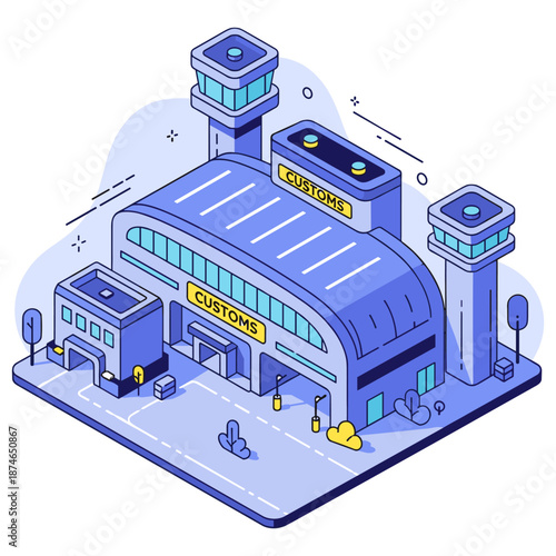 Modern customs building with control towers in isometric illustration. No editable stroke