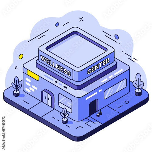 Isometric illustration of a wellness center building with outdoor plants. No editable stroke