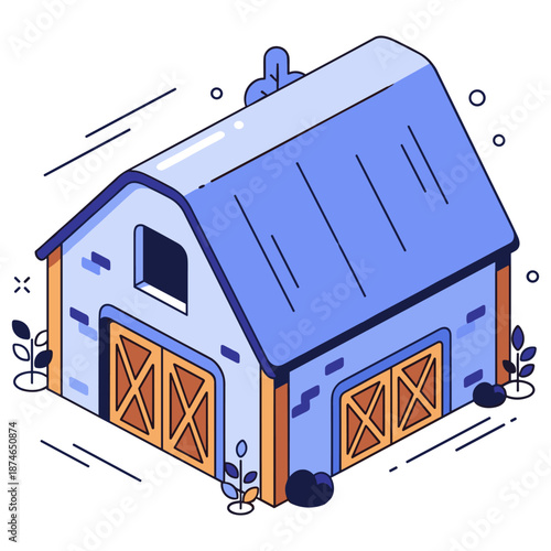 Blue cartoon barn with wooden doors and loft in farm setting. No editable stroke