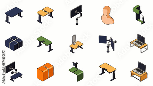 Isometric Collection of Modern Desks, Workstations, and Office Furniture Icons
