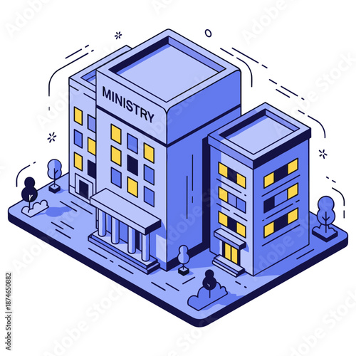 Modern isometric ministry building with night lighting and minimalist design. No editable stroke