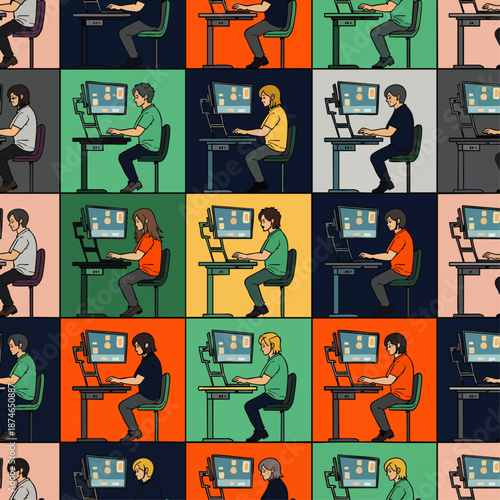 Diverse people working on computers, a colorful and repetitive pattern of individuals engaged in digital tasks.