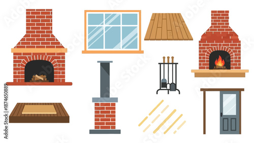 Cozy home fireplace and interior elements set in flat design