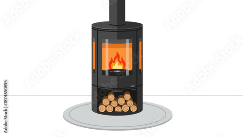 Modern cylindrical wood stove with glass sides and fire