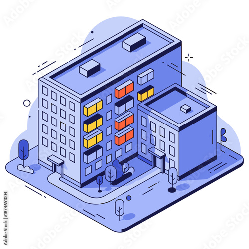 Isometric urban apartment building with colorful balconies in modern cityscape. No editable stroke