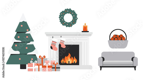 Cozy christmas living room with fireplace, decorated tree, and holiday gifts