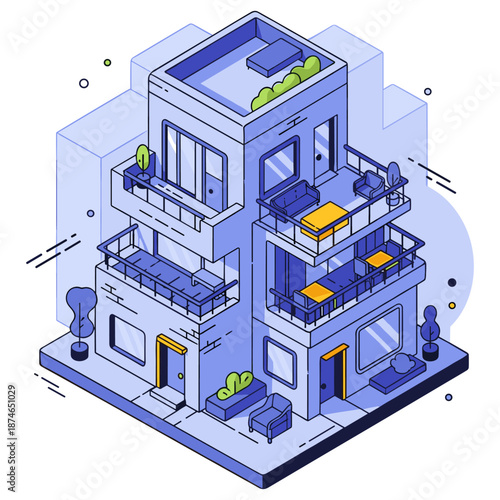 Modern isometric apartment building with balconies and rooftop garden. No editable stroke