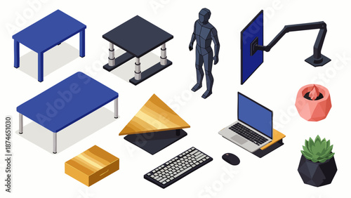 Isometric office and technology elements: desks, laptop, keyboard, mouse, plant, lamp, mannequin, and more.