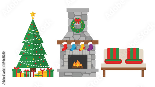 Cozy christmas living room with decorated tree and fireplace scene