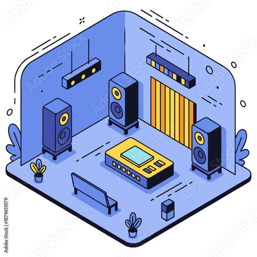 Isometric home theater setup with surround sound speakers and projector screen. No editable stroke