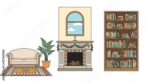 Cozy living room with fireplace, bookshelf, and sofa in flat cartoon style