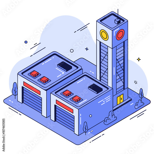 Isometric illustration of fire station with garage and tall watchtower. No editable stroke