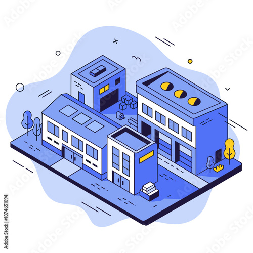 Isometric industrial factory complex with warehouses and parking. No editable stroke