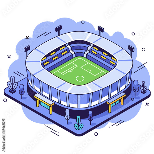 Isometric illustration of a modern soccer stadium with lush green field. No editable stroke